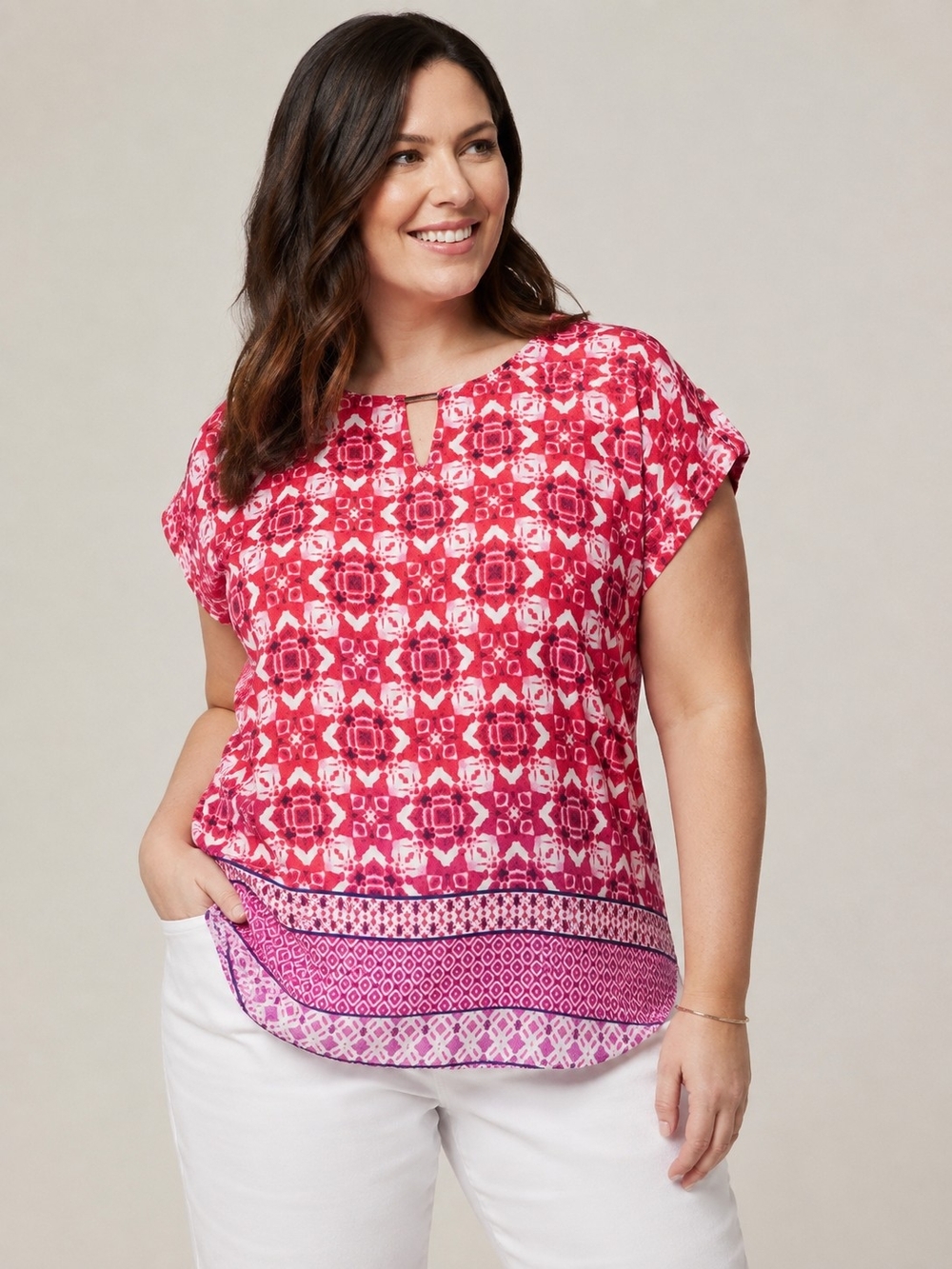 Calvin Klein XL Pink Red Geometric Print Keyhole Blouse Short Sleeve